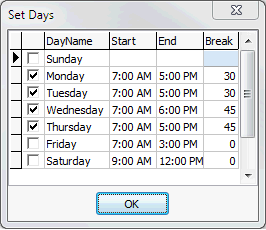 Set Days window