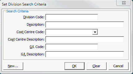 Set Division Search Criteria window