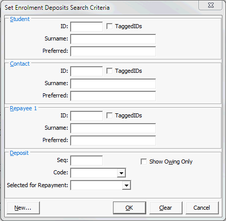Set Enrolment Deposits Search Criteria window