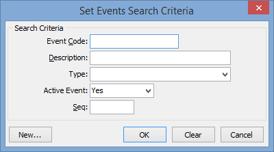 Set Events Search Criteria window