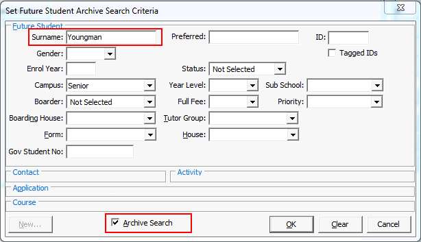 Set Future Student Archive Search Criteria (deferred student)