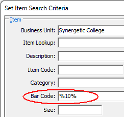 Set Item Search Criteria (highlight Barcode, Barcode partial search)