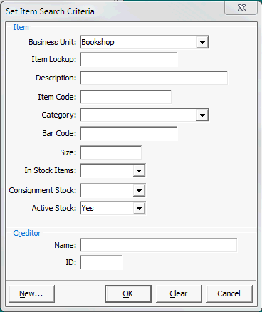 Set Item Search Criteria window