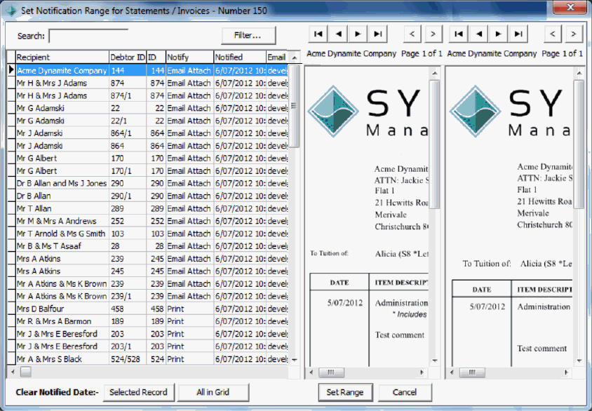 Set Notification Range for Statements Invoices window