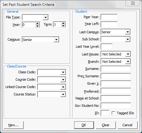 Set Past Student Search Criteria window