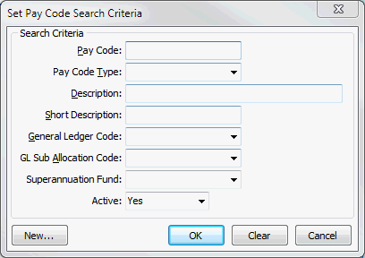 Set Payroll Code Search Criteria window