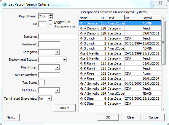 Set Payroll Search Criteria(list discrepancies)