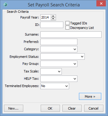 Set Payroll Search Criteria window