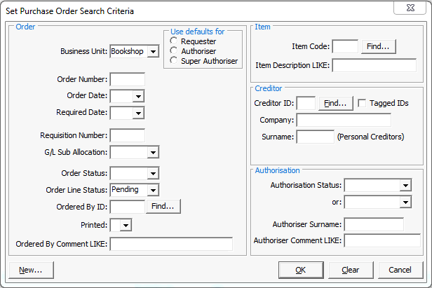 Set Purchase Order Search Criteria window