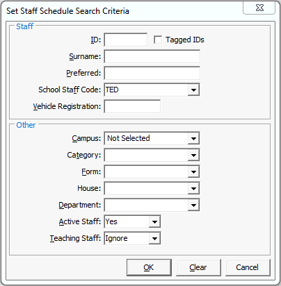 Set Staff Schedule Search Criteria window