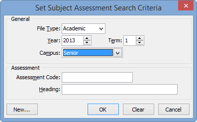 Set Subject Assessment Search Criteria window