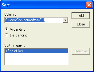 Sort window (Microsoft Query)