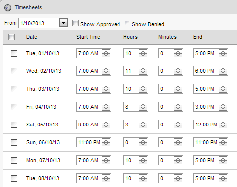Staff Kiosk - Timesheets window (cut down, default break times shown)