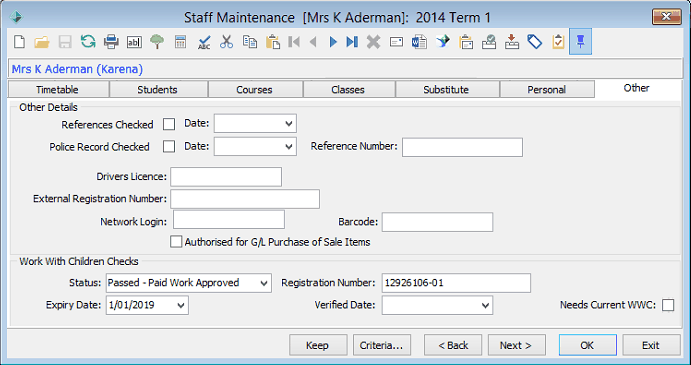 Staff Maintenance - Other tab