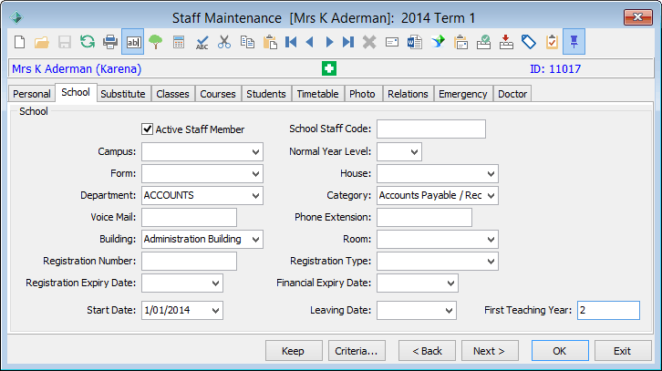 Staff Maintenance - School tab