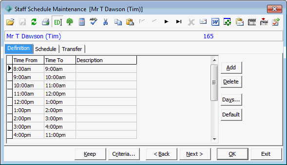 Staff Schedule Maintenance - Definition tab