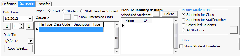 Staff Schedule Maintenance - Schedule tab (Fields cutdown)