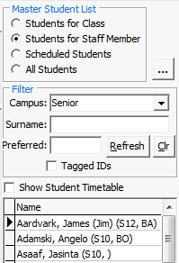 Staff Schedule Maintenance - Schedule tab (Master Student List area cutdown)