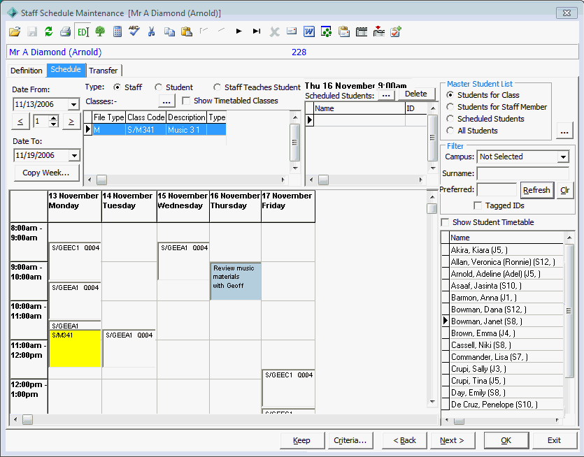 Staff Schedule Maintenance - Schedule tab
