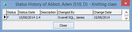 Status History of Student Course window