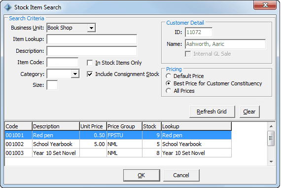 Stock Item Search window