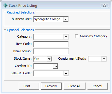 Stock Price Listing (report selections)