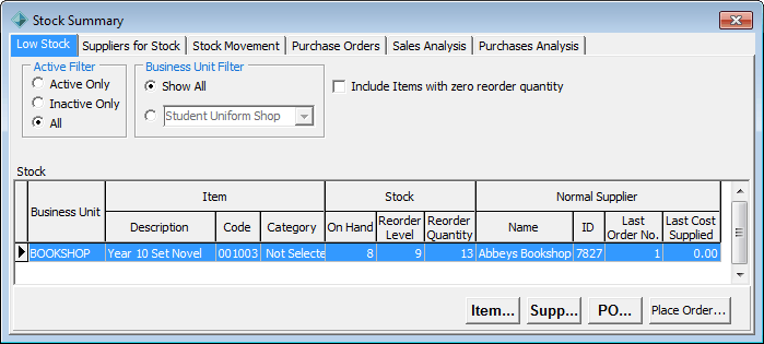 Stock Summary  - Low Stock tab