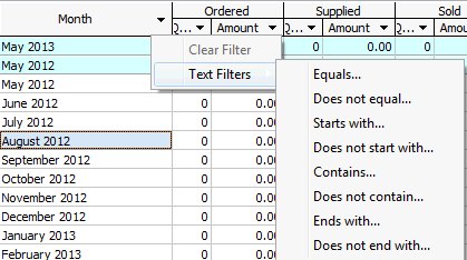 Stock Summary - Stock Movement - grid filters