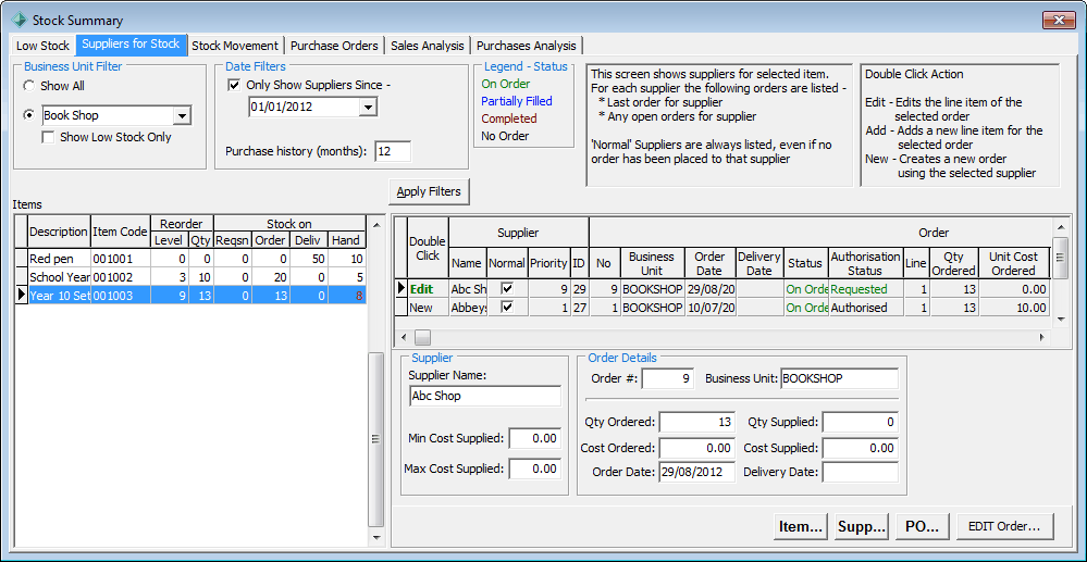 Stock Summary - Suppliers for Stock tab