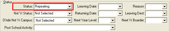 Current Student Maintenance - School tab (Status area, Student repeating, next year)
