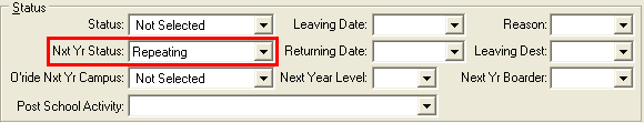 Current Student Maintenance - School tab (Status area, Student repeating)