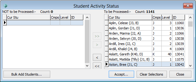 Student Activity Status window