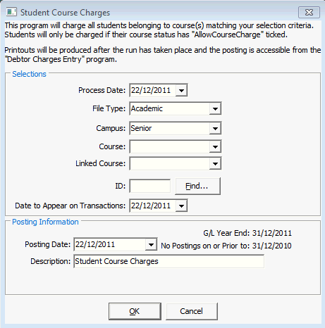 Student Course Charges window