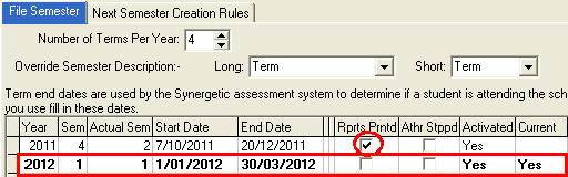 Student File Semester Maintenance - File Semester tab (cut down)