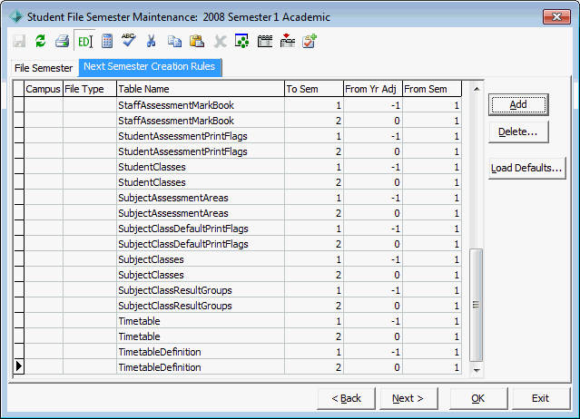 Student File Semester Maintenance - Next Semester Creation Rules tab