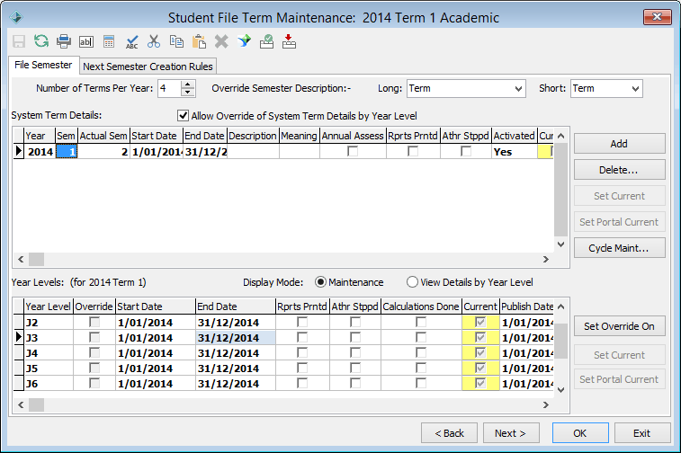 Student File Semester Maintenance - File Semester tab