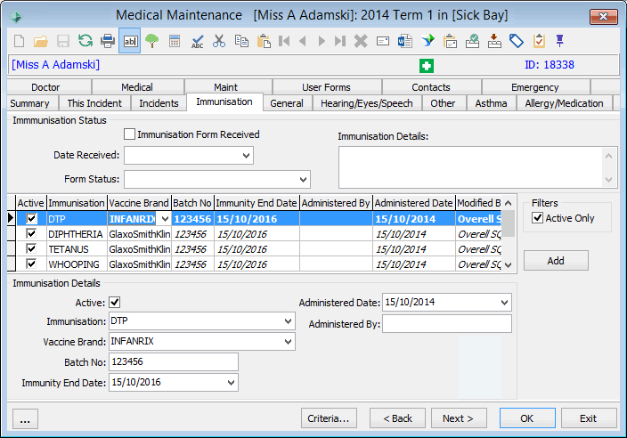Medical Maintenance - Immunisation tab