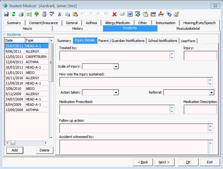 Medical Maintenance - Incidents tab - Injury Details tab
