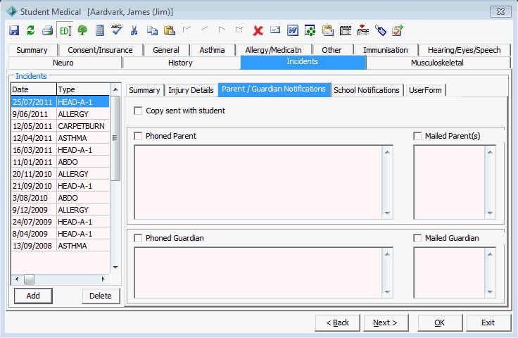 Medical Maintenance - Incidents tab - Parent/Guardian Notifications tab