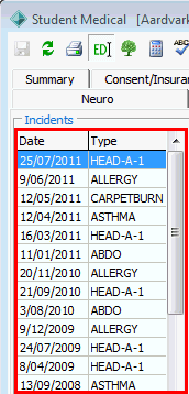 Student Medical - Incidents tab - Summary sub-tab (cut down, incidents grid highlighted)
