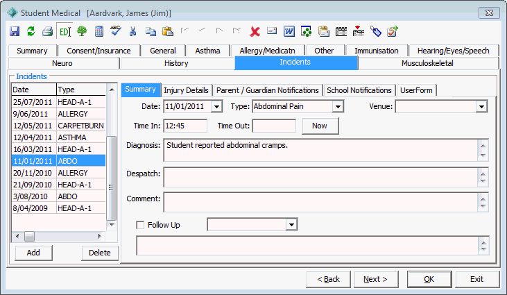 Student Medical - Incidents tab - Summary sub-tab(populated, example 2)