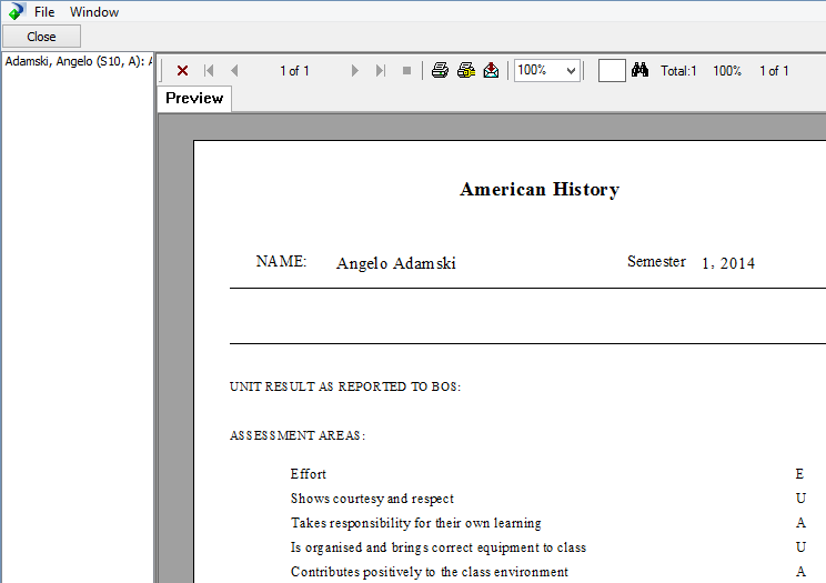 Student Reports Preview report