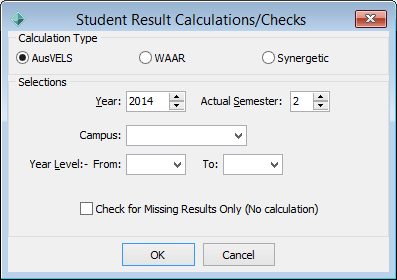 Student Result/Calculations Checks window