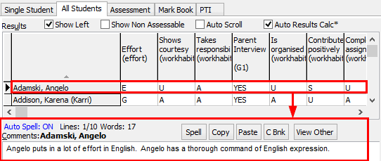 Student Results Maintenance - All Students tab (Comments field)