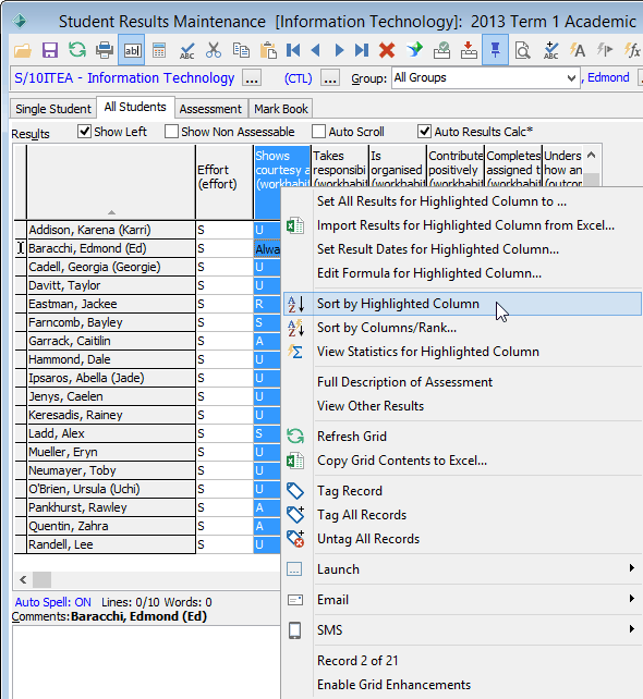 Student Results Maintenance - All Students tab (right click menu)