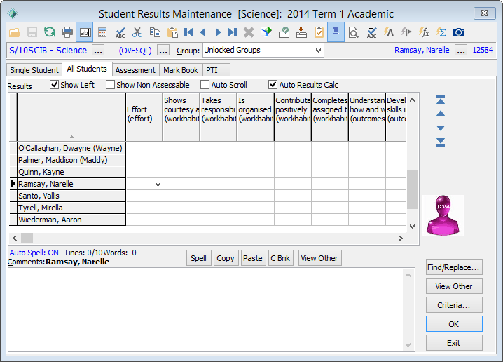 Student Results Maintenance - All Students tab