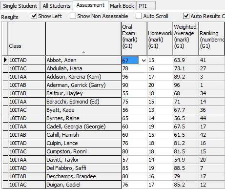 Student Results Maintenance - Assessment tab (cut down)