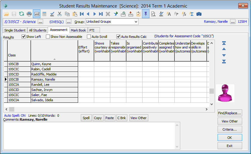 Student Results Maintenance - Assessment tab