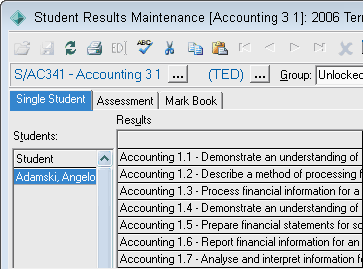 Student Results Maintenance - Single Student tab (cut down)