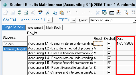 Student Results Maintenance - Single Student tab (cut down)